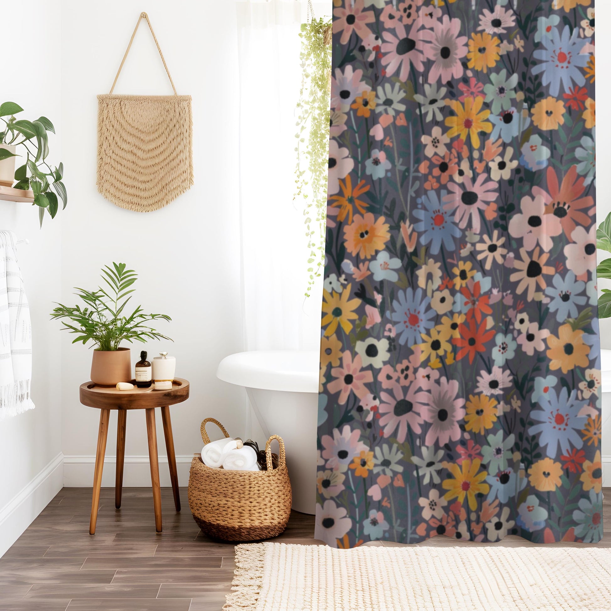 Modern Floral Bathroom Set Shower Curtain Bath Mat Wildflower Design Colorful Decoration Spring Theme Cottage Style Pink Blue Yellow Orange Flowers Dark Gray Background Botanical Pattern Standard Size Beautiful Home Accessories Nature