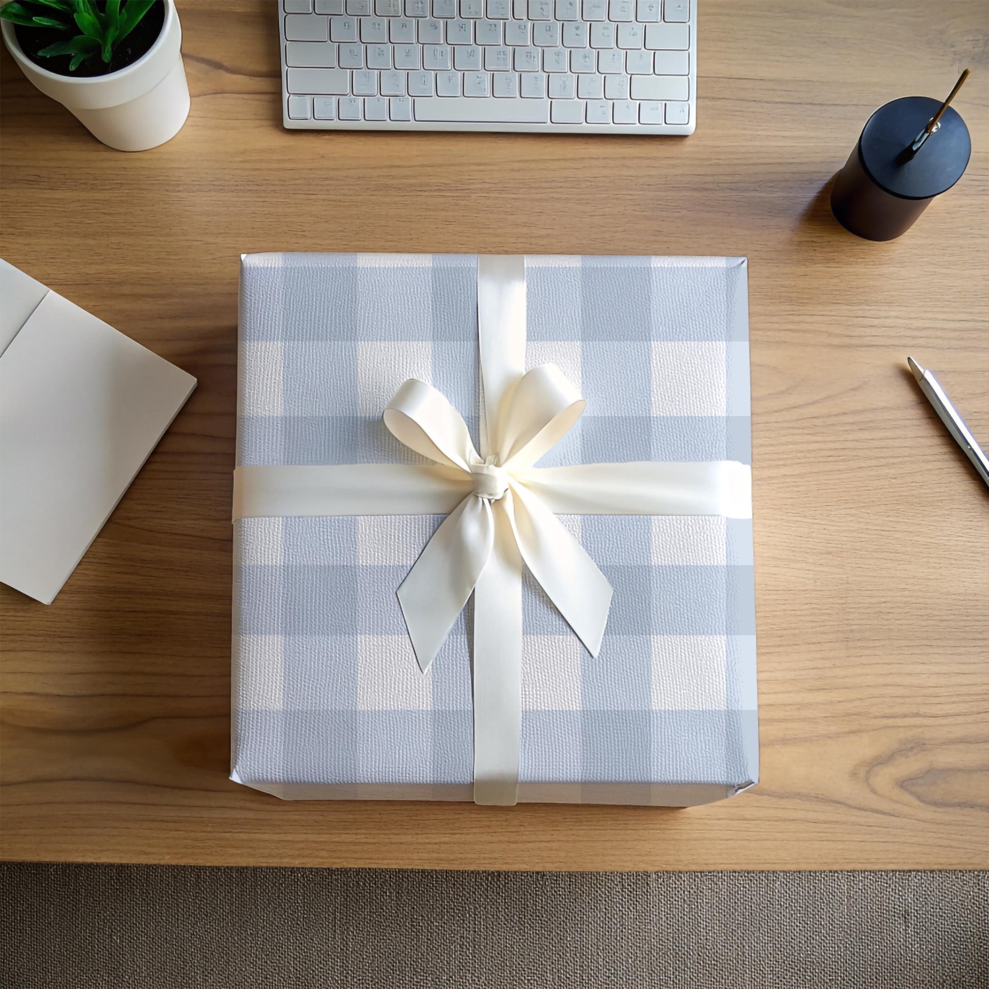 Buffalo Check Wrap Kraft Paper Holiday Gift Packaging Christmas Present Wrapping Blue White Plaid Pattern Farmhouse Style Rustic Design Elegant Chic Look Winter Celebration Package Country Style Presentation Beautiful Wrapping Solution