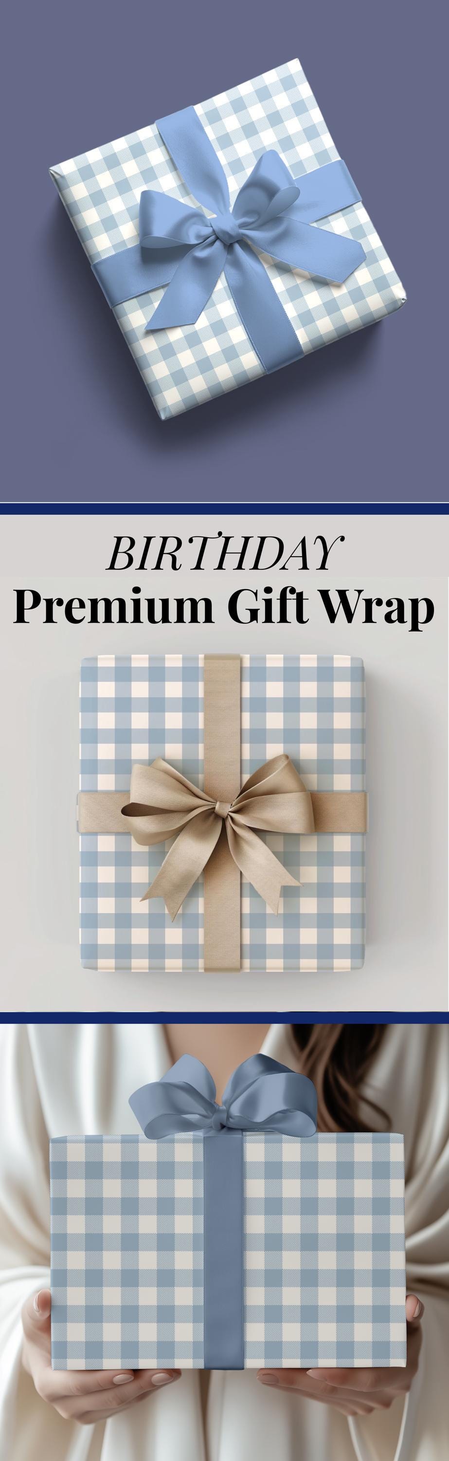 Blue Gingham Gift Wrap Paper For Her Birthday Present Checkered Design Party Decoration Thirty Birthday Celebration 30 Bday Event Decor Idea