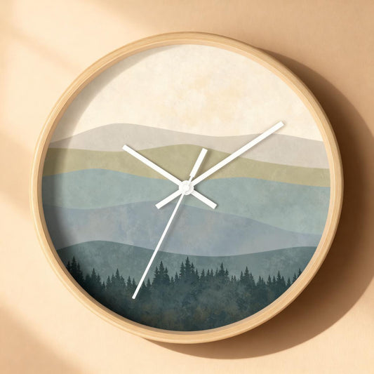 Silent Wall Clock Wooden Frame Mountain Design Quiet Quartz Movement Bedroom Essential Boho Minimalist Aesthetic Plexiglass Face Battery Operated Perfect Gift New Home Owner Housewarming Present Living Room Office Styling Mid Century Modern
