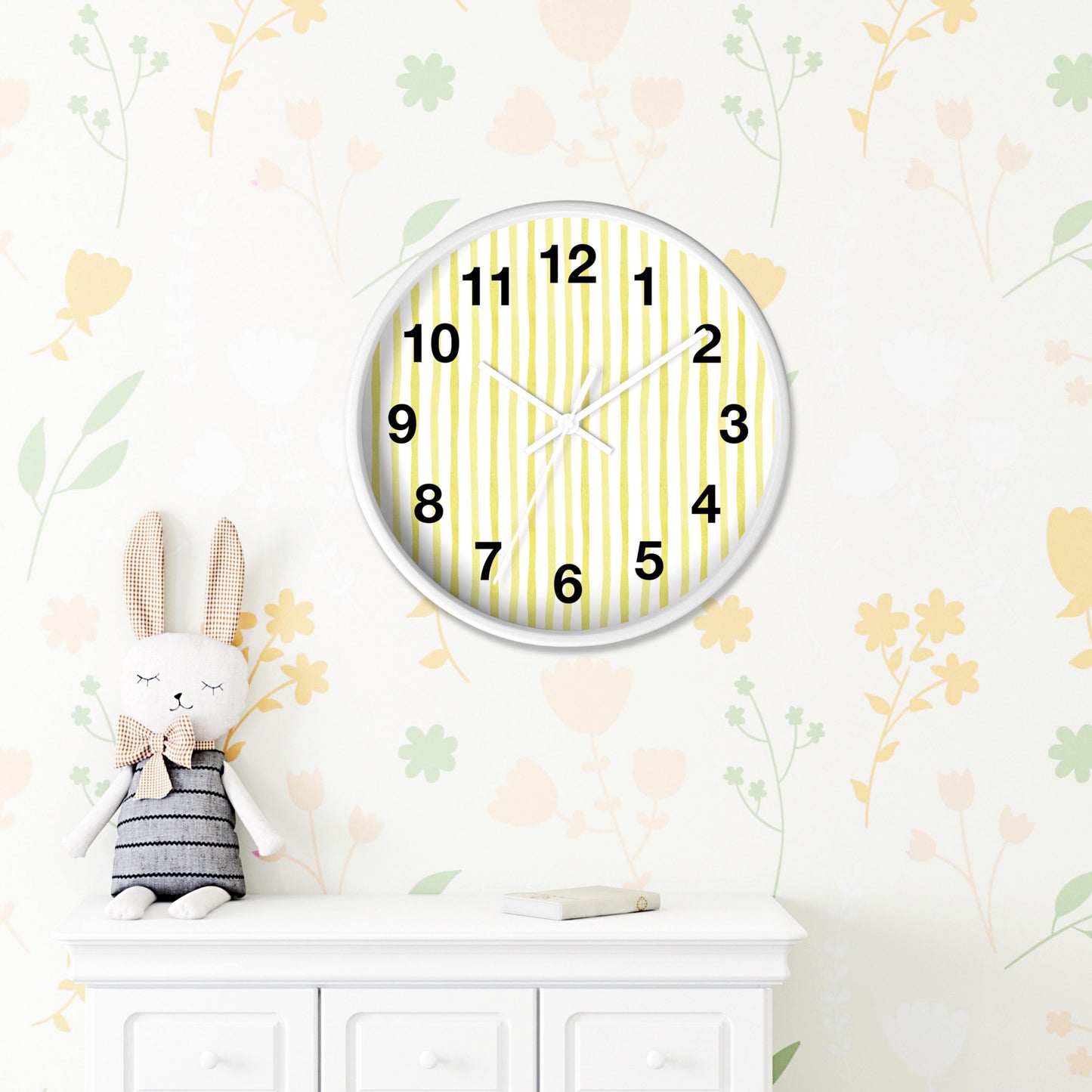 Yellow Striped Wall Clock Customizable Wood Frame Modern Design Silent Mechanism Battery Operated Timepiece Kitchen Decoration Nursery Accent Bedroom Accessory Quiet Movement Minimalist Style White Stripes Black Hands Ten Inch Square