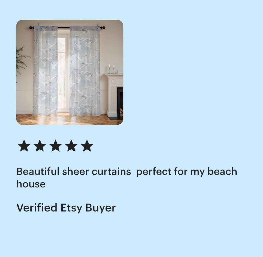 Seagull Sheer Curtain Panel Beach House Coastal Window Treatment Blue and White Blackout Drape