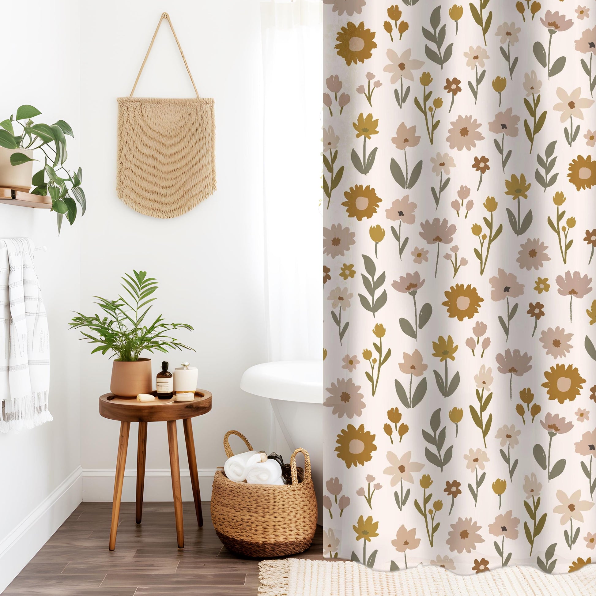 Boho Wildflower Shower Curtain Farmhouse Beige Curtain Housewarming Gift for New Home Owner Boho Floral Shower Cover Minimalist Guest Bath