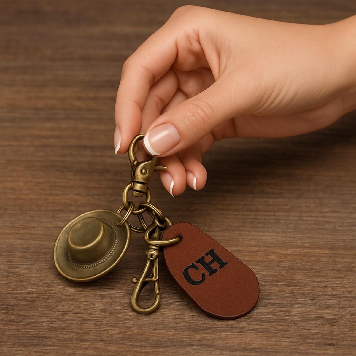 Brass Cowboy Hat Charm Vegan Leather Keychain Add Engraved Initials Western Themed Gift for College Student Personalize Graduation Idea