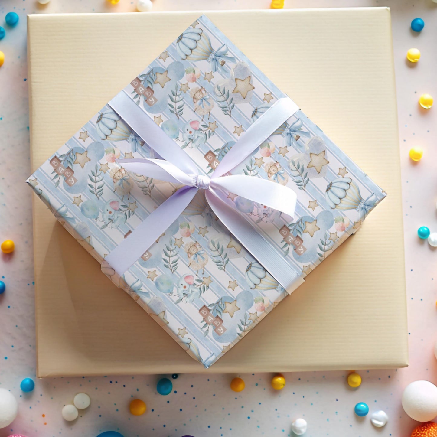 Baby Shower Wrapping Blue Design Star Accent Nursery Decor Room Display Infant Package for Boy Birthday Celebration Gift Cover Wall Art