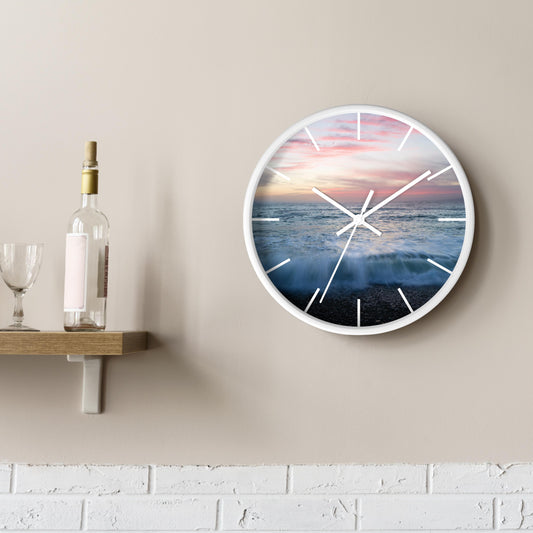 Ocean Sunset Wall Clock Silent Quartz Movement Wooden Frame Design Beach House Timepiece Coastal Living Essential 10 Inch Diameter Plexiglass Face Protection Indoor Use Installation Bedroom Friendly Operation Nautical Theme Room Styling