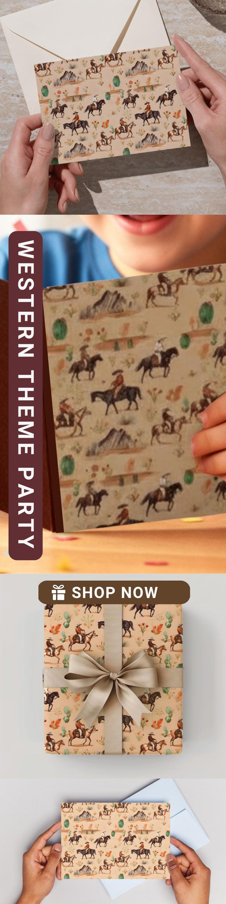 Country Western Cowboy Pattern Gift Wrap Paper Horse Ranch Wrapping Paper Rolls Birthday Cowboy Theme Party Decor for Rodeo Event