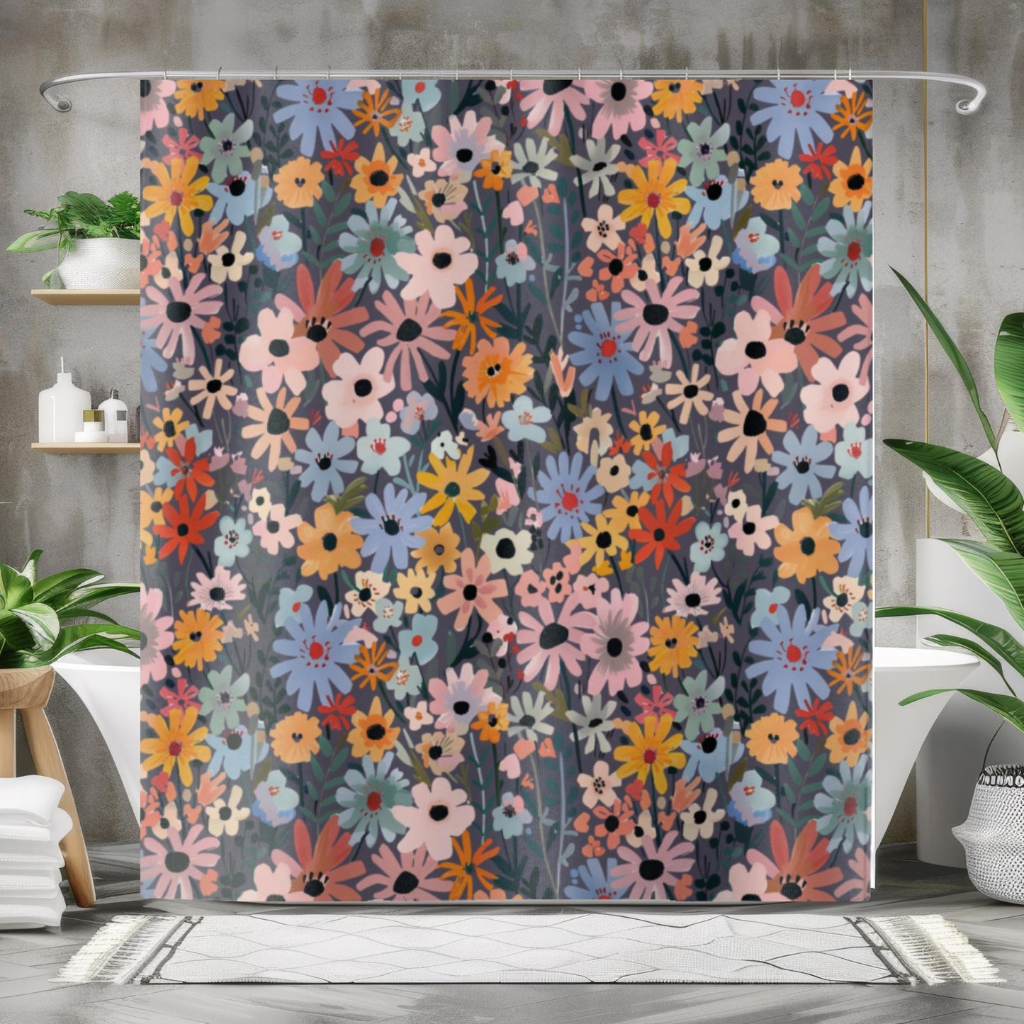Cottage Style Bathroom Set Wildflower Design Shower Curtain Bath Mat Botanical Pattern Spring Theme Decoration Colorful Floral Accessories Pink Blue Yellow Orange Blooms Dark Gray Background Standard Size Beautiful Home Makeover Modern