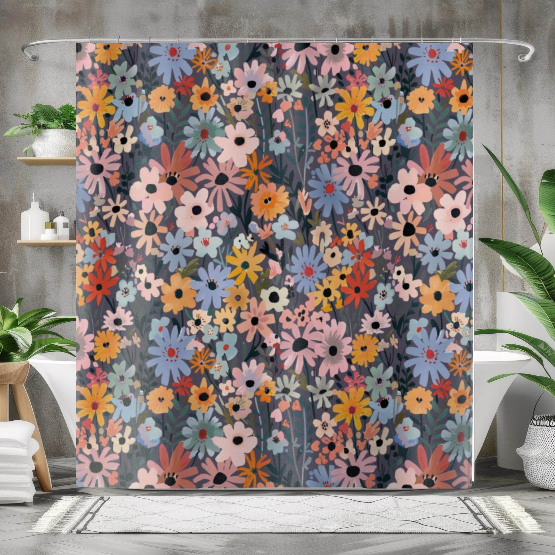 Cottage Style Bathroom Set Wildflower Design Shower Curtain Bath Mat Botanical Pattern Spring Theme Decoration Colorful Floral Accessories Pink Blue Yellow Orange Blooms Dark Gray Background Standard Size Beautiful Home Makeover Modern