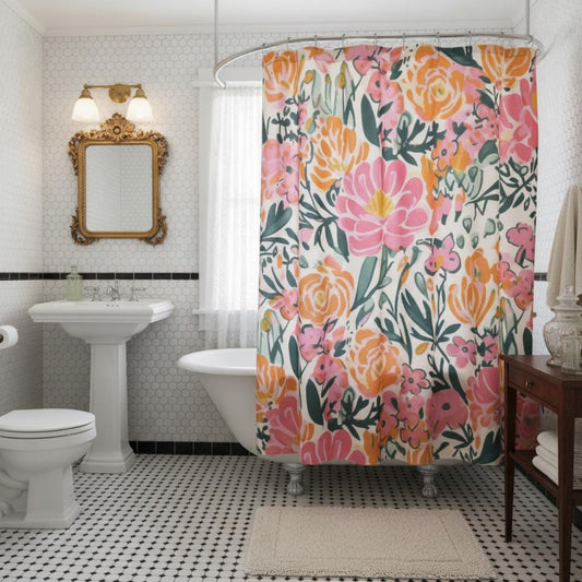 Cottagecore Shower Curtain Vintage Floral Design Soft Feminine Bathroom Styling Romantic Nature Inspired Pattern Perfect Cottage Style Home Interior Light Airy Feel Creating Cozy Atmosphere Warm Inviting Space Standard Size Easy