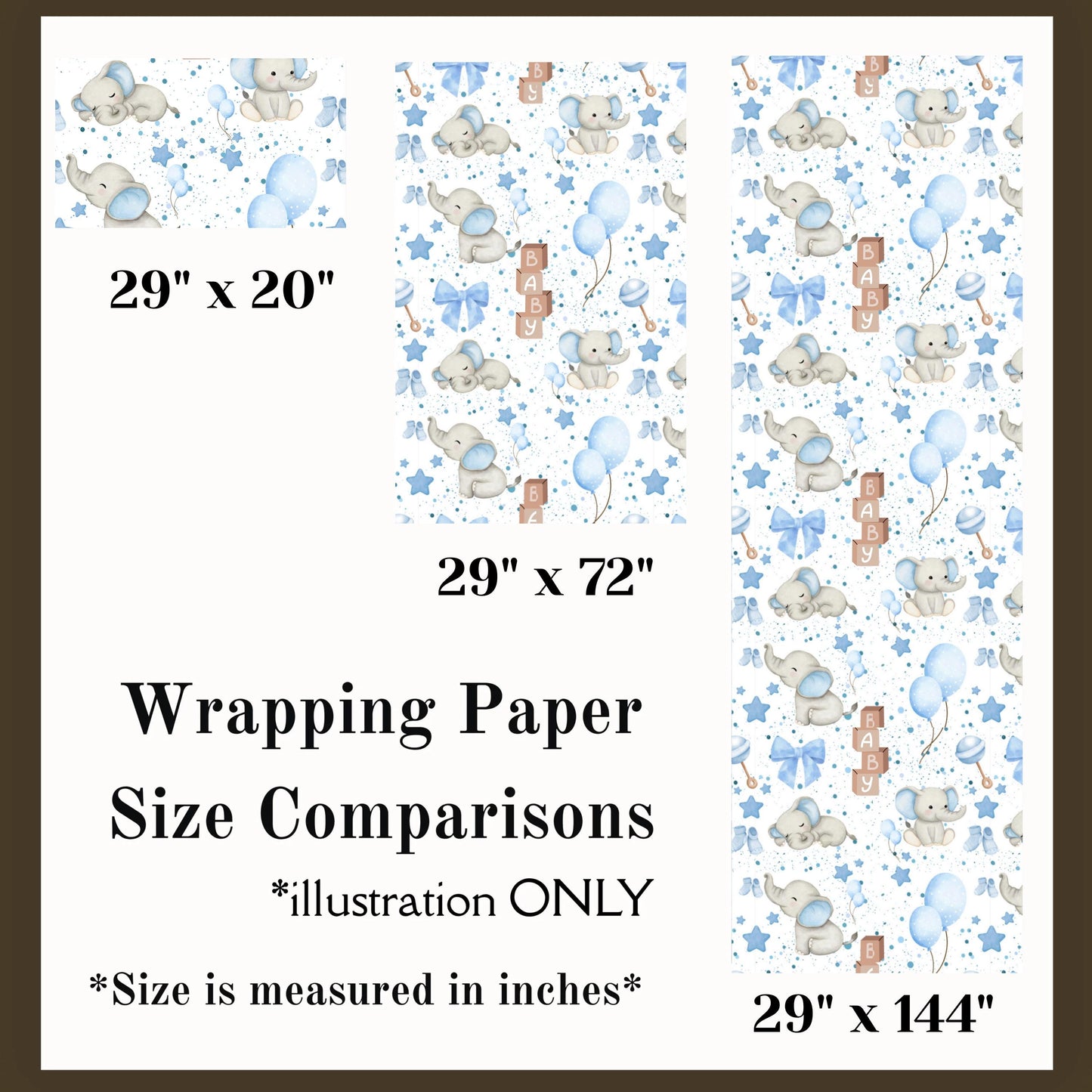 Baby Shower Wrapping Paper – Elephant Theme Neutral Dusty Blue Grey for Boy Sprinkle