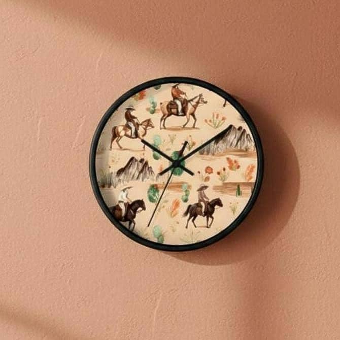 Western Nursery Wall Clock Cowboy Baby Room Decor Horse Theme Infant Bedroom Neutral Horse Wall Accent Silent Mechanism Playroom Idea