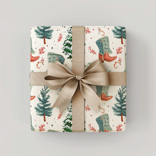 Gift box with festive wrapping paper featuring Christmas trees and boots, tied with a beige ribbon on a light gray background.
