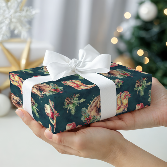 Hand holding a wrapped gift with a festive design in front of a Christmas tree.