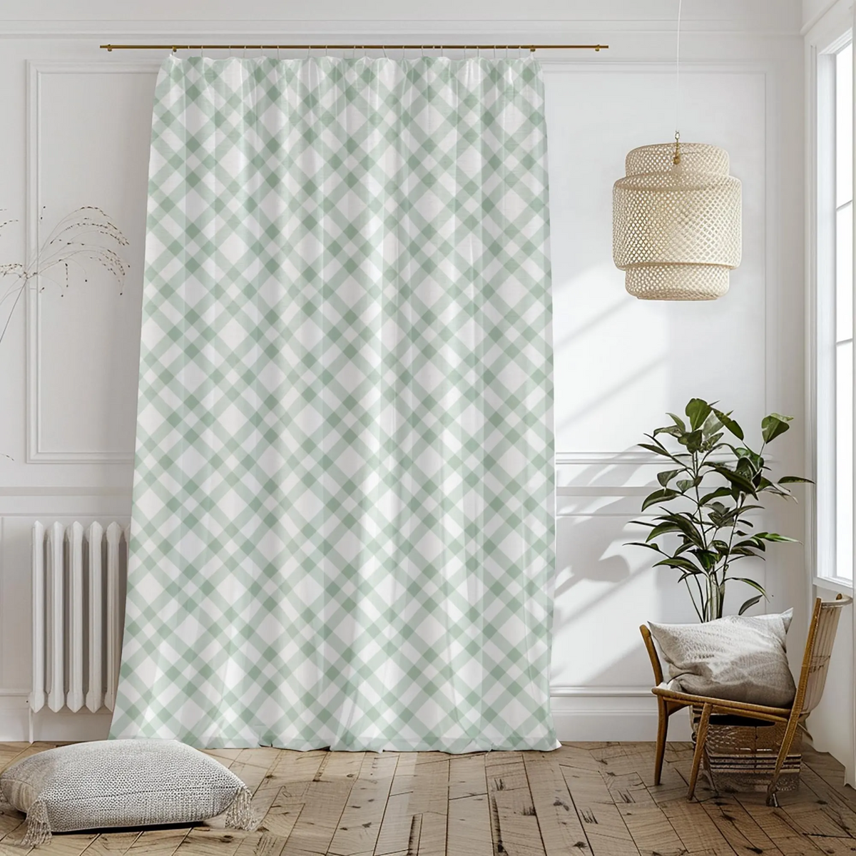 Green and white checkered curtain in a room with a chair, plant, and lamp.