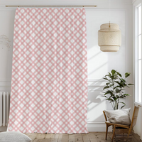 Pink and white patterned curtain in a room with a plant and chair.