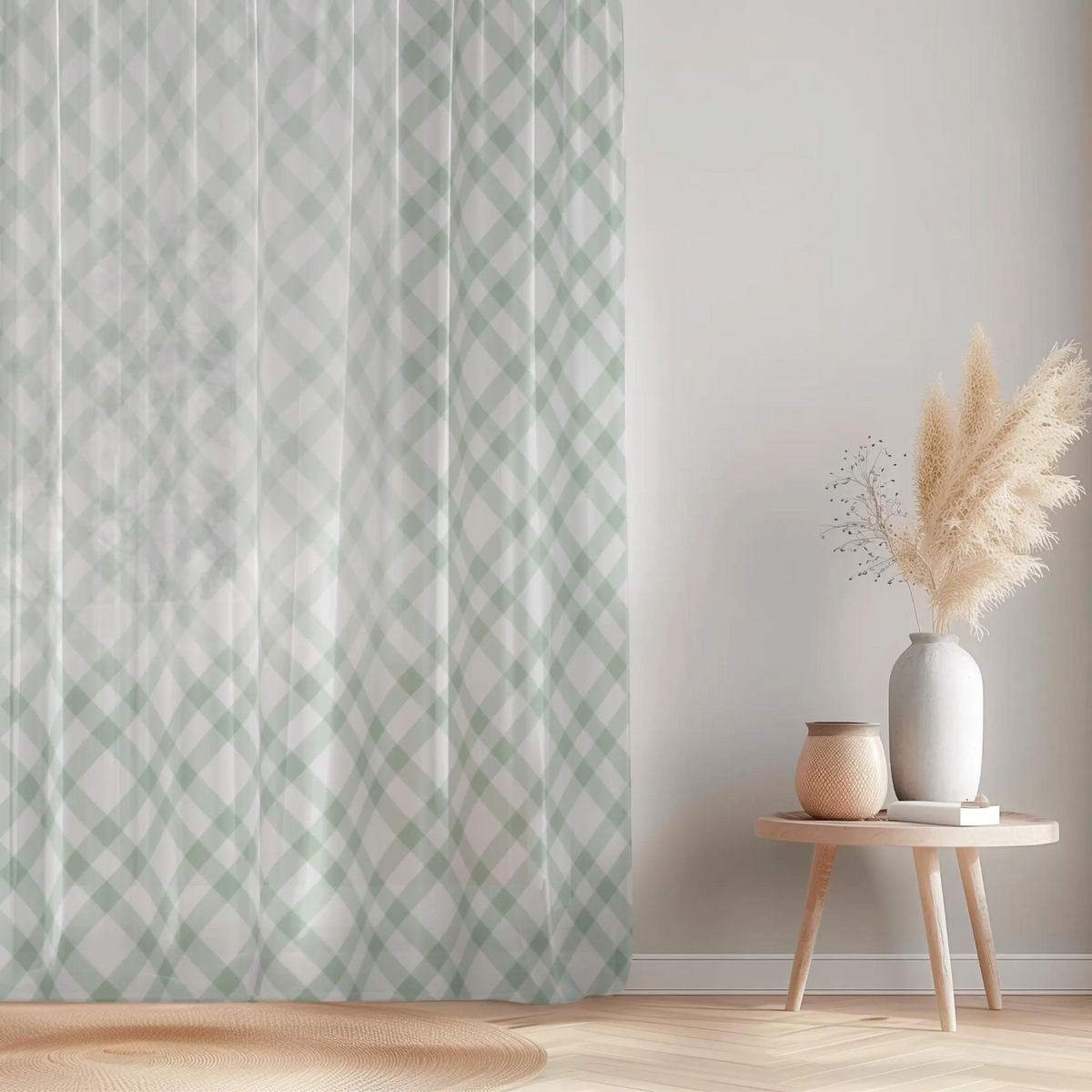 Green and white patterned curtain next to a wooden side table with decorative vases.