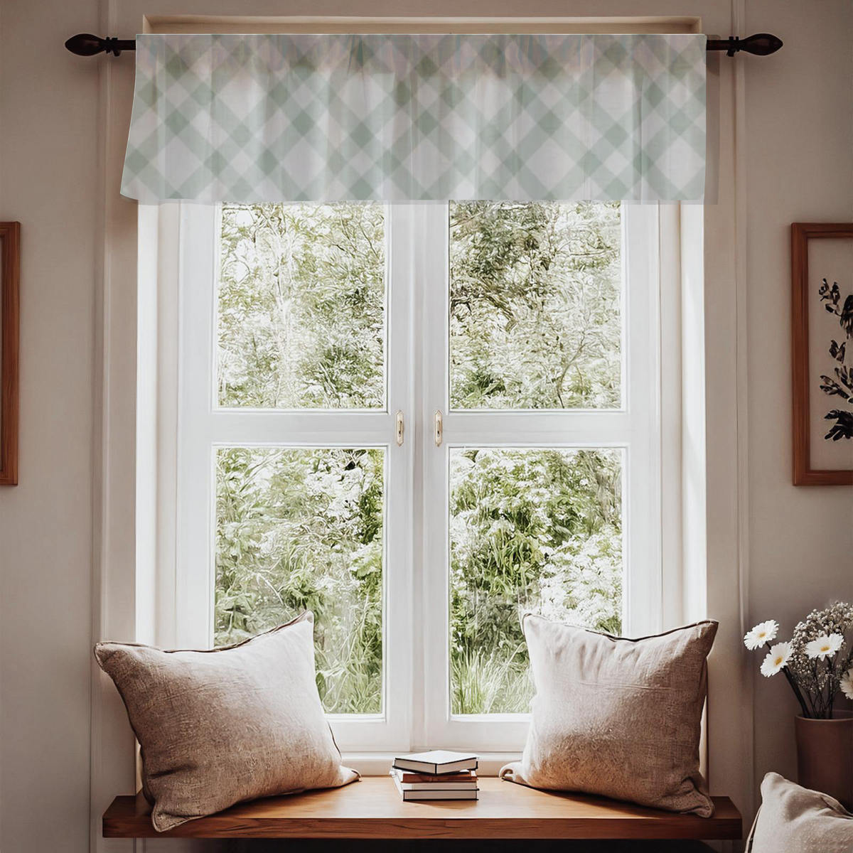 Window with checkered valence, wooden bench with pillows, and view of greenery outside.