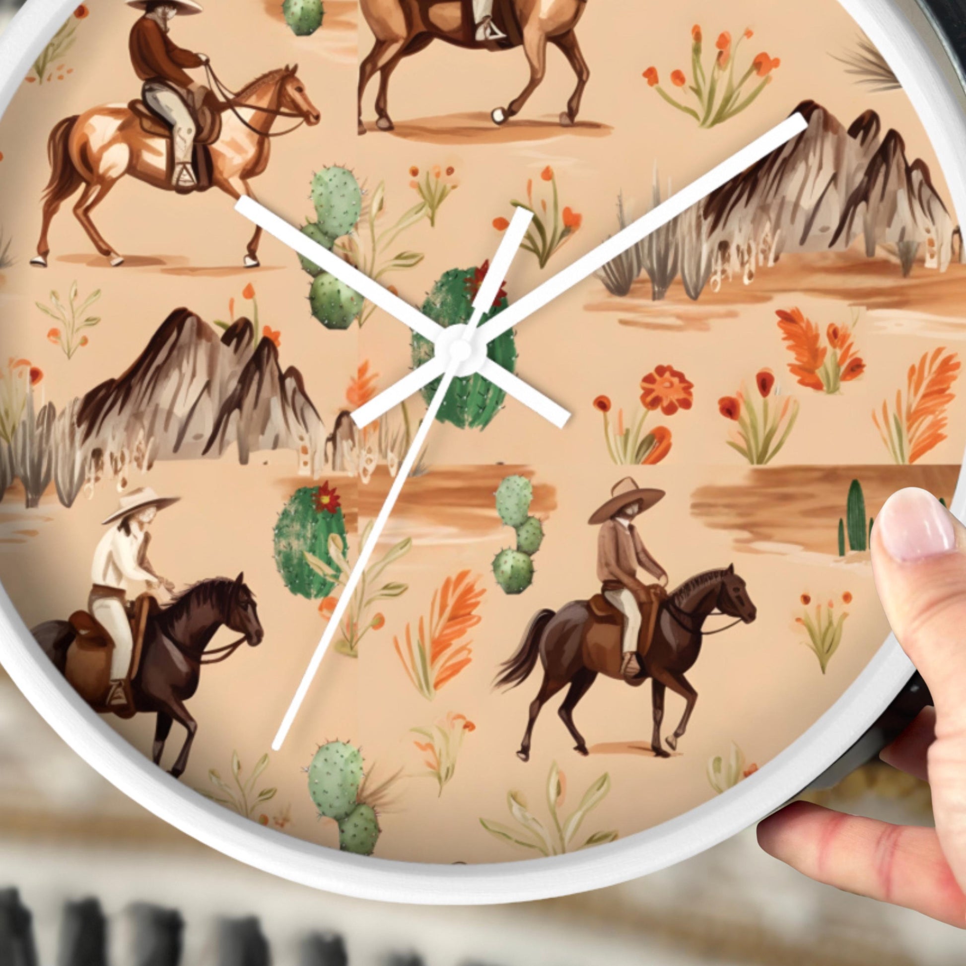 Cowboy Nursery Decor Baby Boy Bedroom Rustic Western Design Horse Ranch Theme Baby Shower Idea Primitive Scene Wall Clock for Toddler Room