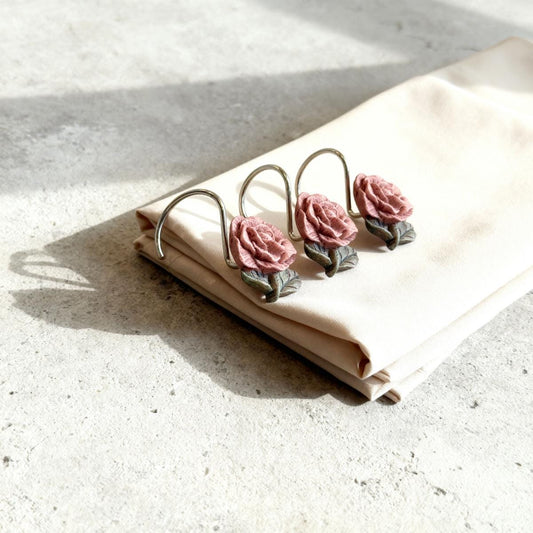 Antique Style Shower Curtain Hooks Rose Design Bathroom Decor Shabby Chic Bath Accessories Vintage Floral Home Upgrade Renovation Idea