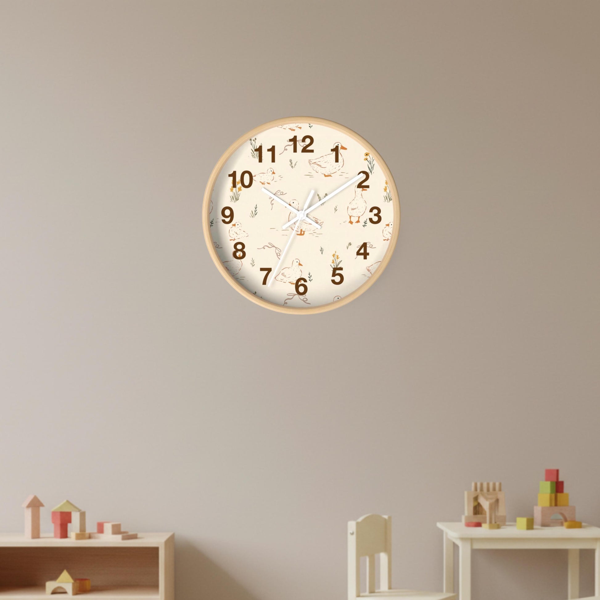 Nursery Duck Theme Neutral Playroom Line Drawn Duck Pattern Wall Clock Duckling Farmhouse Illustration Neutral Toddler Bedroom Decor