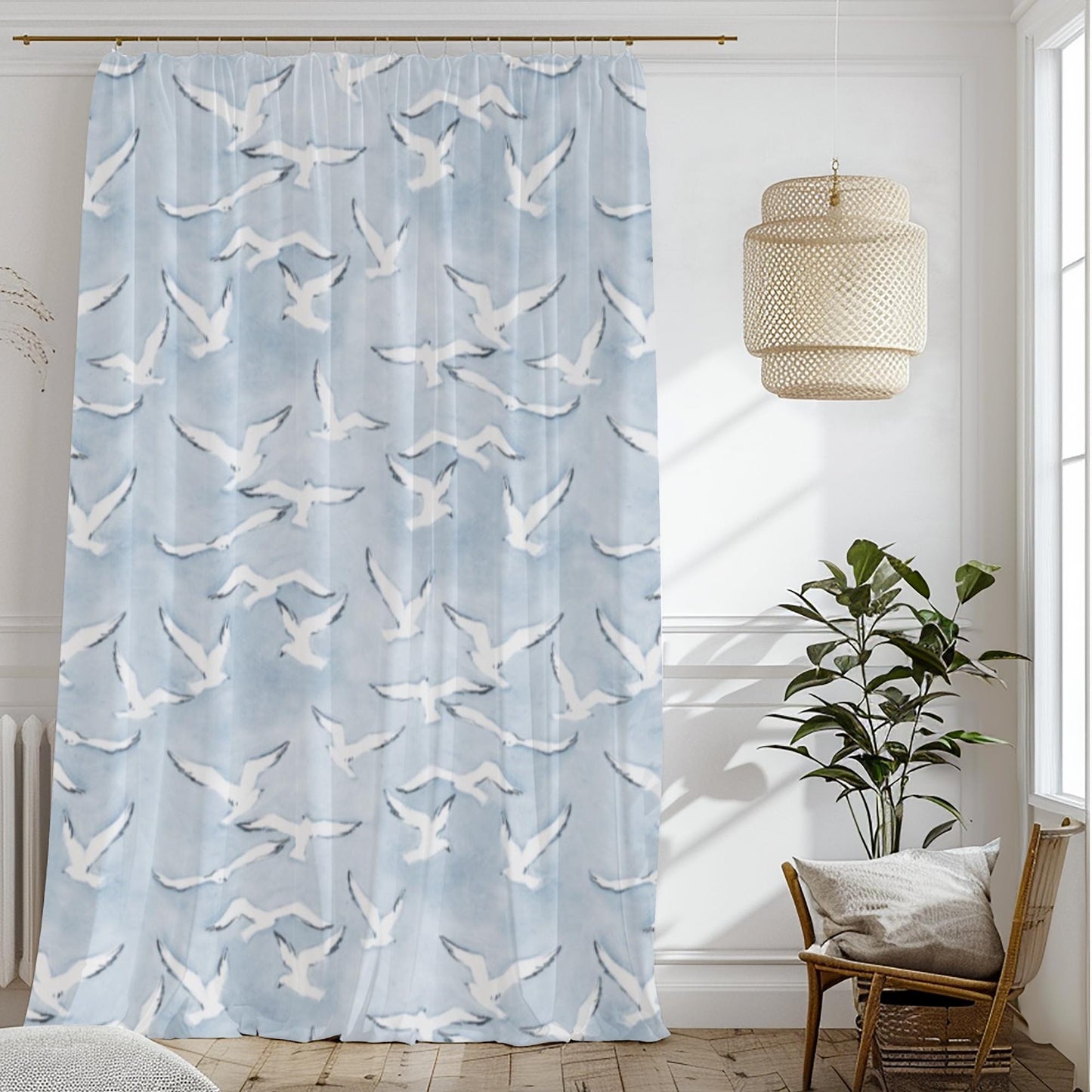 Blue Sheer Curtain Panel Coastal Decor Window Treatment Beach House Curtains Seagull Pattern Light Filtering Window Cover Minimalist Nautical Look Polyester Material Machine Washable Rod Pocket Design Summer Home Essential Beautiful Ocean