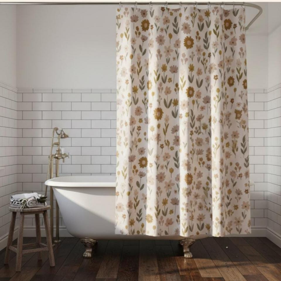 Floral Shower Curtain Farmhouse Bathroom Decor Neutral Flower Shower Curtain Rustic Bath Decor Country Style Bathroom Curtain