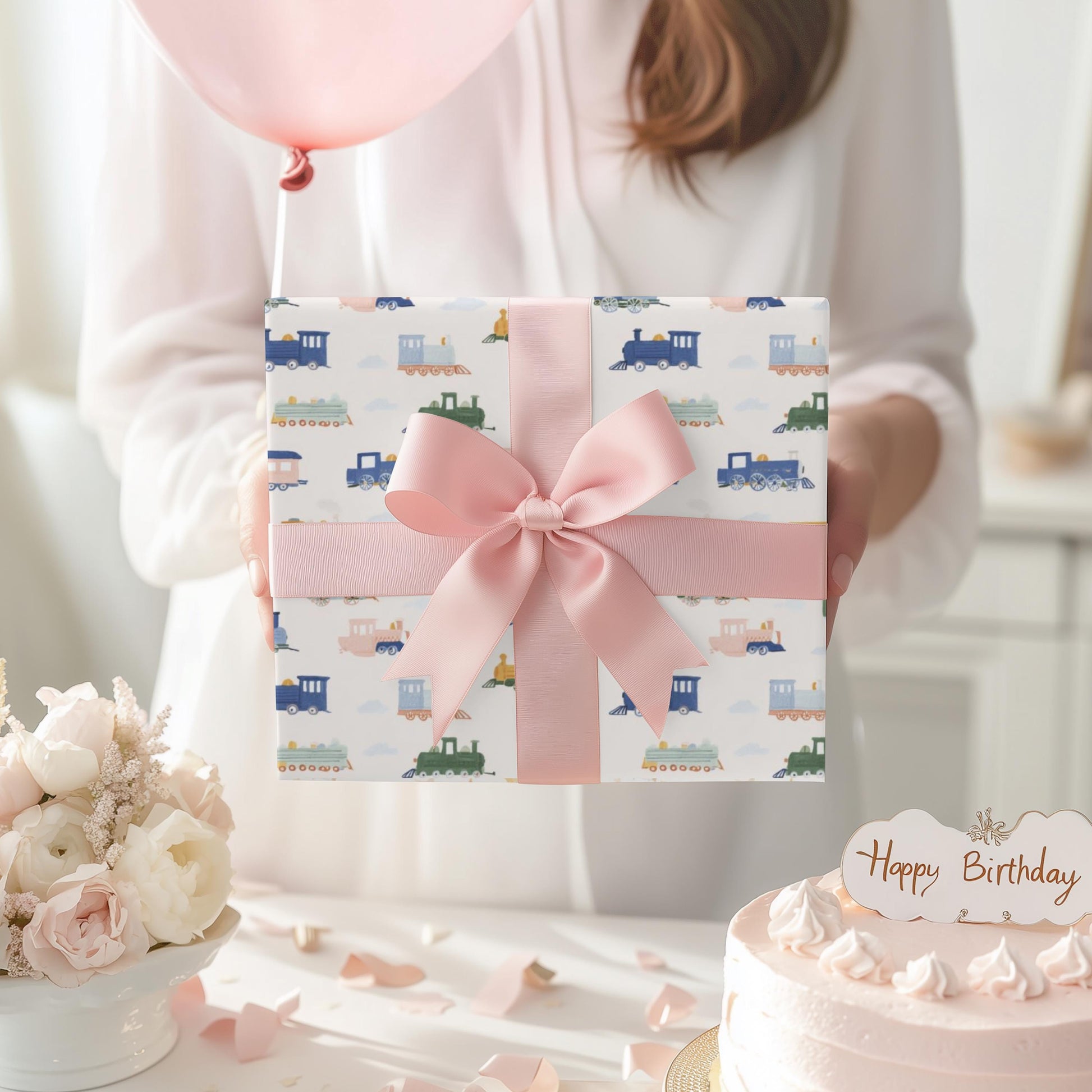Train Wrapping Paper Girl Birthday Gift Wrap Kids Birthday Party Paper Pastel Train Gift Wrap Girls Party Decoration Wrapping Roll