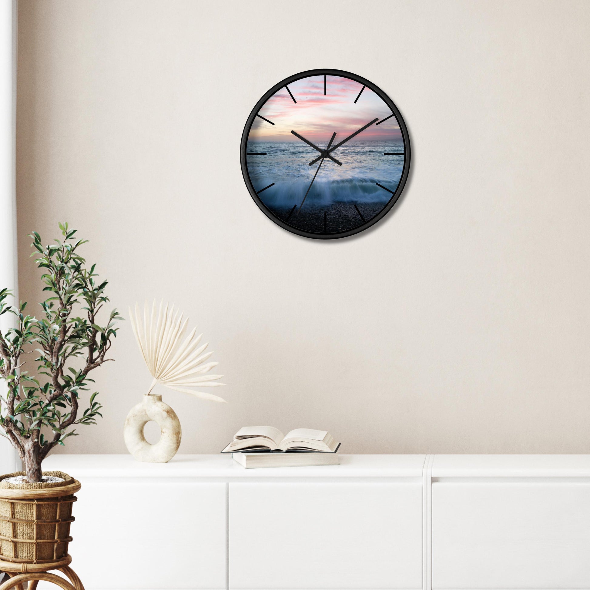 Nautical Theme Wall Clock 10 Inch Diameter Timepiece Wooden Frame Silent Quartz Movement Ocean Sunset Design Element Beach House Living Room Styling Coastal Home Interior Essential Plexiglass Face Protection Layer Seaside Cottage Atmosphere