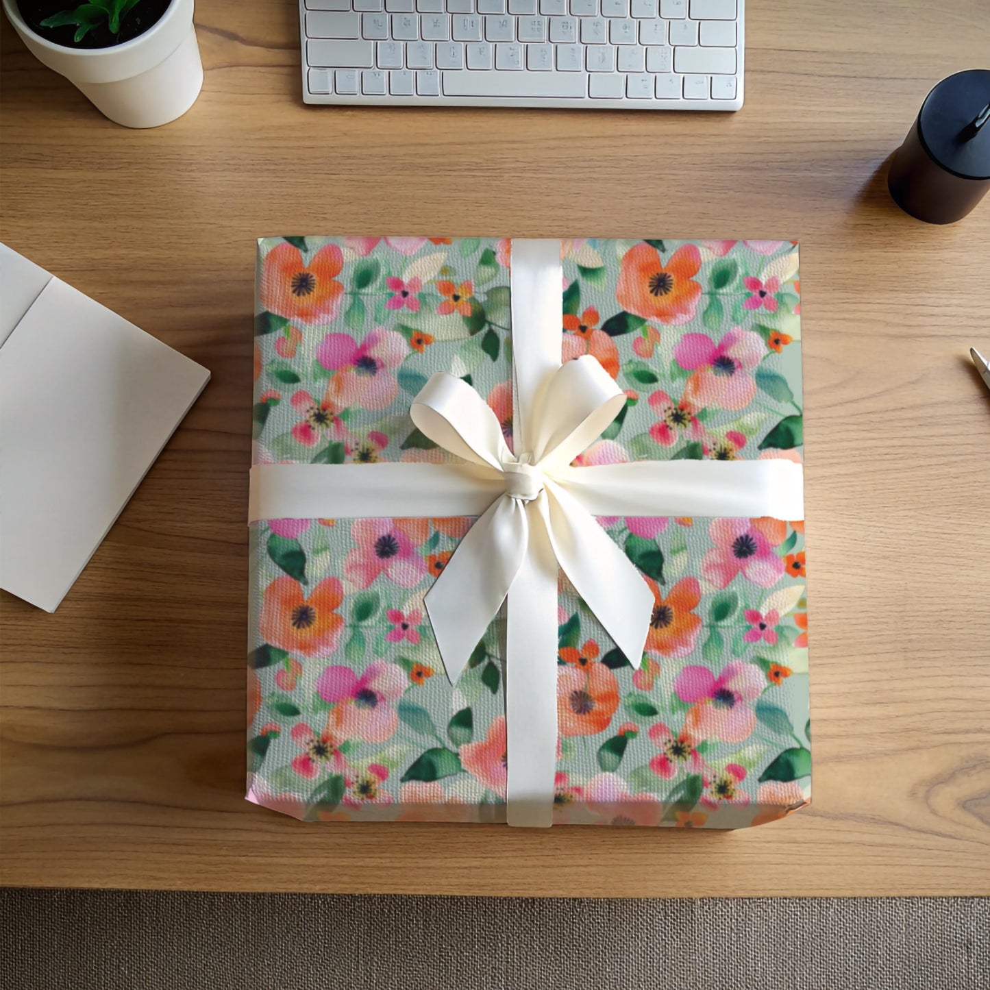 Floral Wrapping Paper Gift Wrap Beautiful Pink Flowers Botanical Design Elegant Packaging Material Birthday Present Wrap Wedding Celebration Paper Coral Orange Flower Pattern Premium Quality Satin Finish Option Eco Friendly Printing