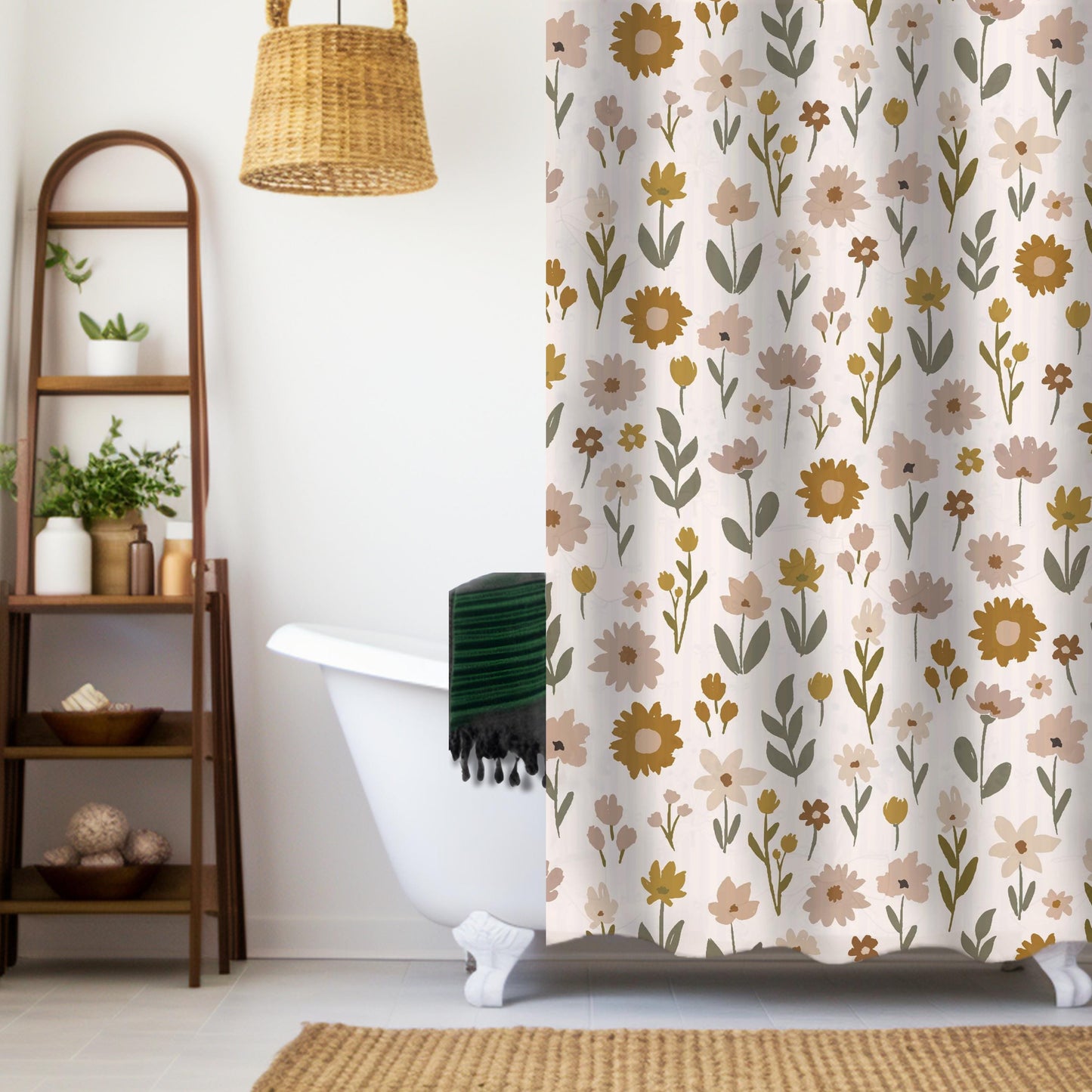 Boho Wildflower Shower Curtain Farmhouse Beige Curtain Housewarming Gift for New Home Owner Boho Floral Shower Cover Minimalist Guest Bath