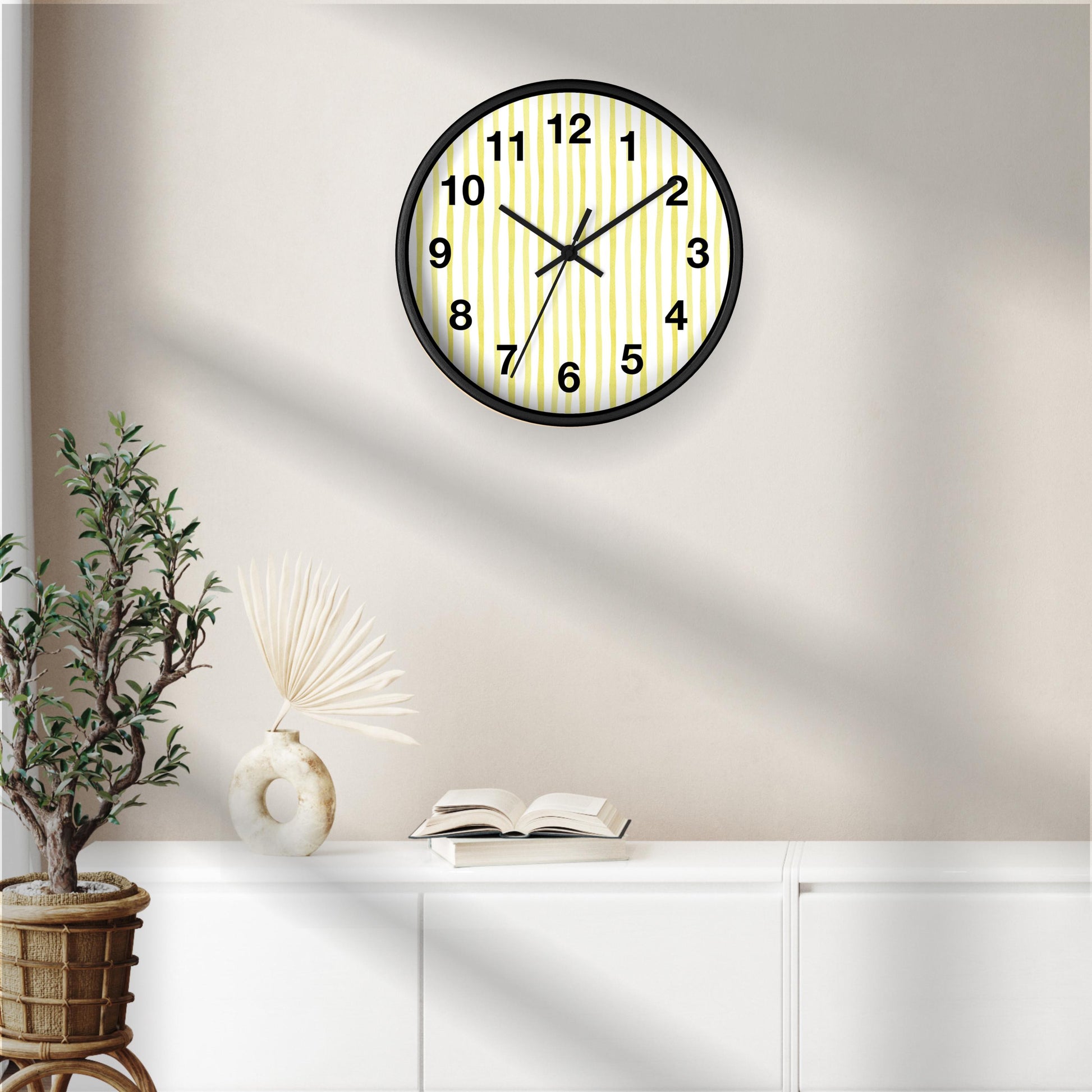 Modern Kitchen Decoration Nursery Accent Wall Clock Yellow Striped Timepiece Silent Mechanism Battery Operated Wood Frame Customizable Design Bedroom Accessory Quiet Movement Minimalist Style Ten Inch Square Plexiglass Face Metal