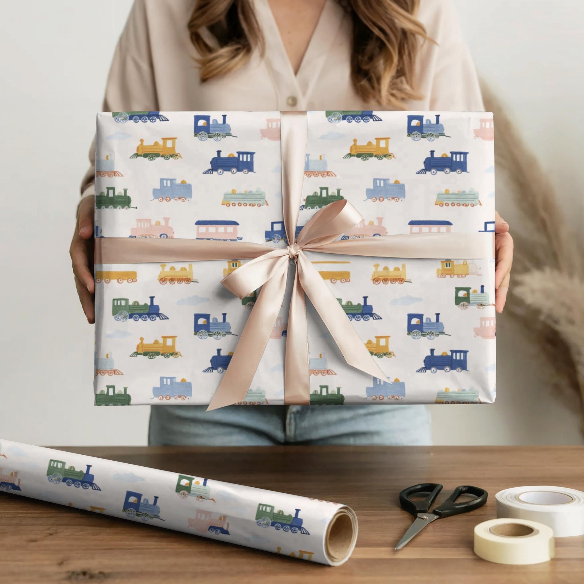 Train Wrapping Paper Girl Birthday Gift Wrap Kids Birthday Party Paper Pastel Train Gift Wrap Girls Party Decoration Wrapping Roll