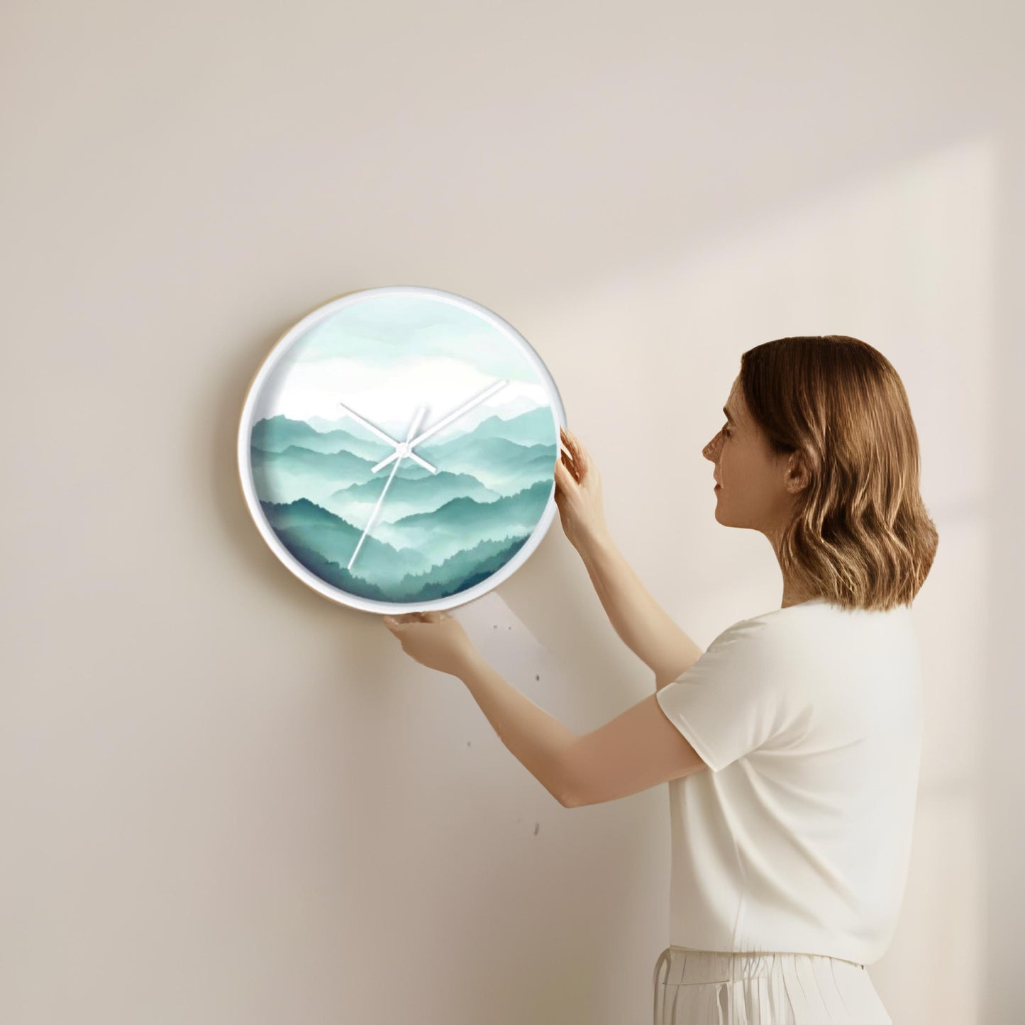 Minimalist Wood Clock Mountain Scene Design Contemporary Home Decor Nature Inspired Wall Art Modern Timepiece Living Room Bedroom Accent Piece Teal White Gradient Natural Wood Frame Metal Mechanism Square Shape Premium Quality Construction