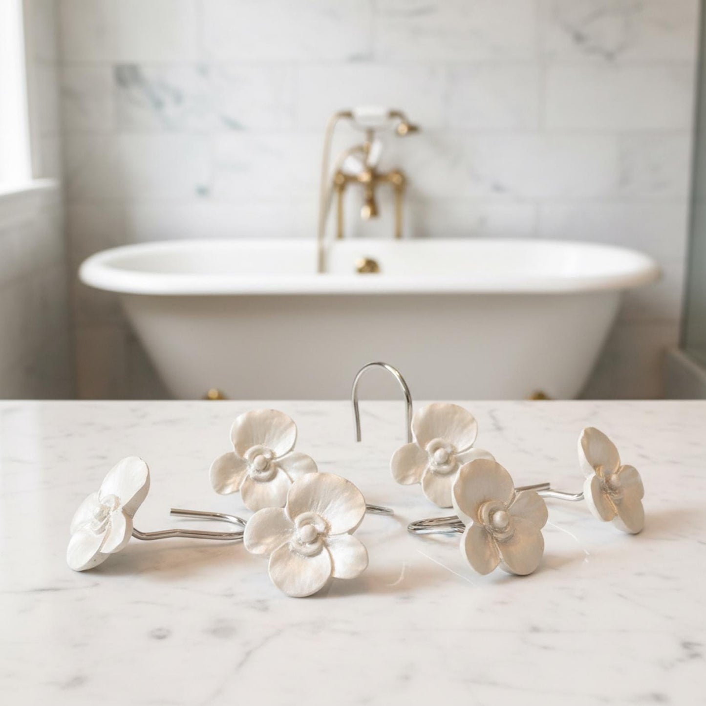 White Floral Curtain Hooks for Teen Bathroom
