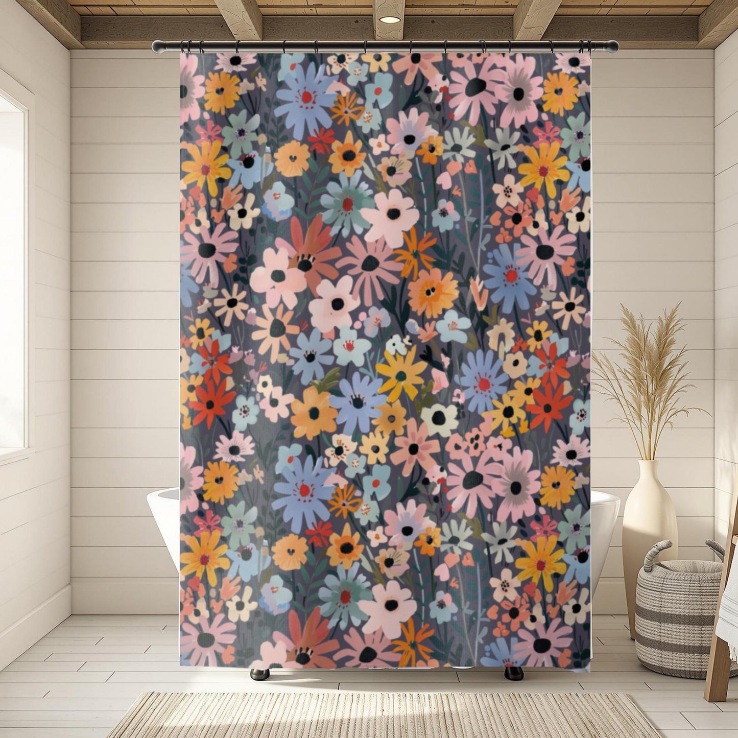 Cottage Style Bathroom Set Wildflower Design Shower Curtain Bath Mat Botanical Pattern Spring Theme Decoration Colorful Floral Accessories Pink Blue Yellow Orange Blooms Dark Gray Background Standard Size Beautiful Home Makeover Modern