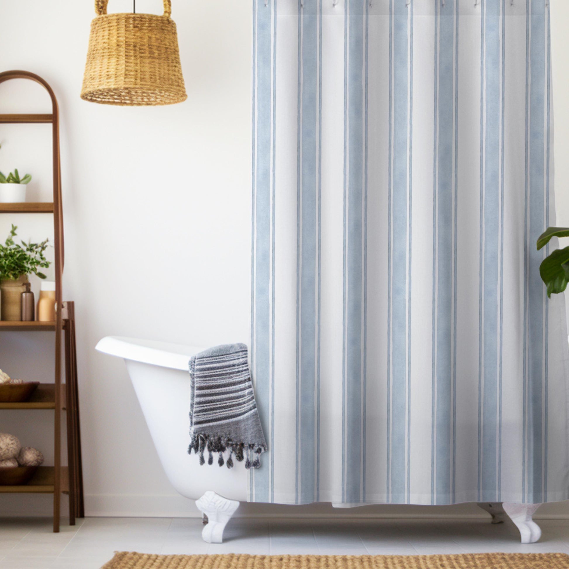 Nautical Ocean Theme Nursery Bath Coastal Shower Curtain Decor Beach House Bath Curtain Stripe Print Blue Minimalist Design Idea for Guest