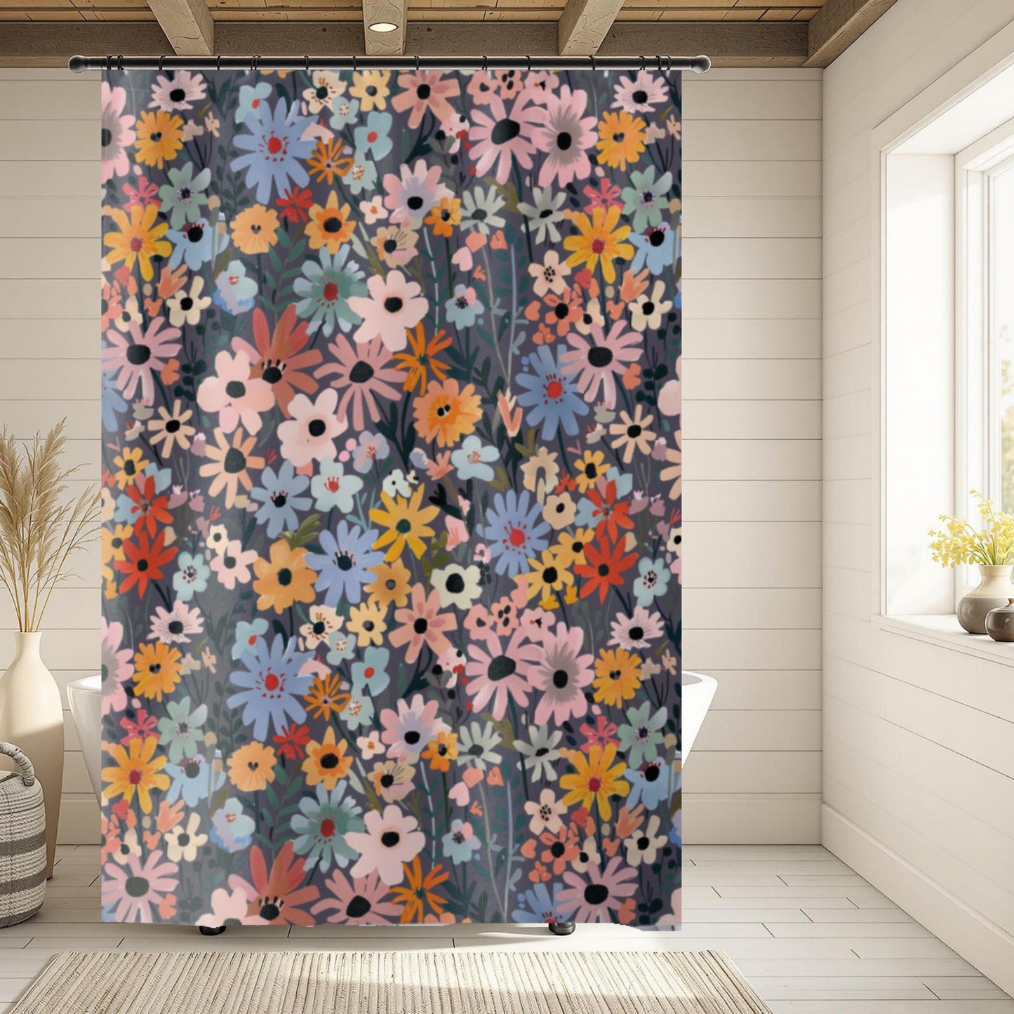Wildflower Bathroom Set Shower Curtain Bath Mat Botanical Design Modern Floral Accessories Colorful Decoration Spring Theme Cottage Style Standard Size Buttonholes Beautiful Home Makeover Pink Blue Yellow Orange Flowers Dark Gray Background