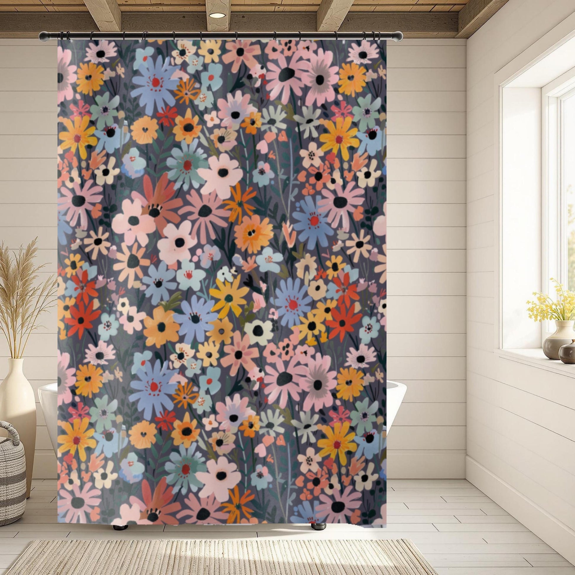 Wildflower Bathroom Set Shower Curtain Bath Mat Botanical Design Modern Floral Accessories Colorful Decoration Spring Theme Cottage Style Standard Size Buttonholes Beautiful Home Makeover Pink Blue Yellow Orange Flowers Dark Gray Background