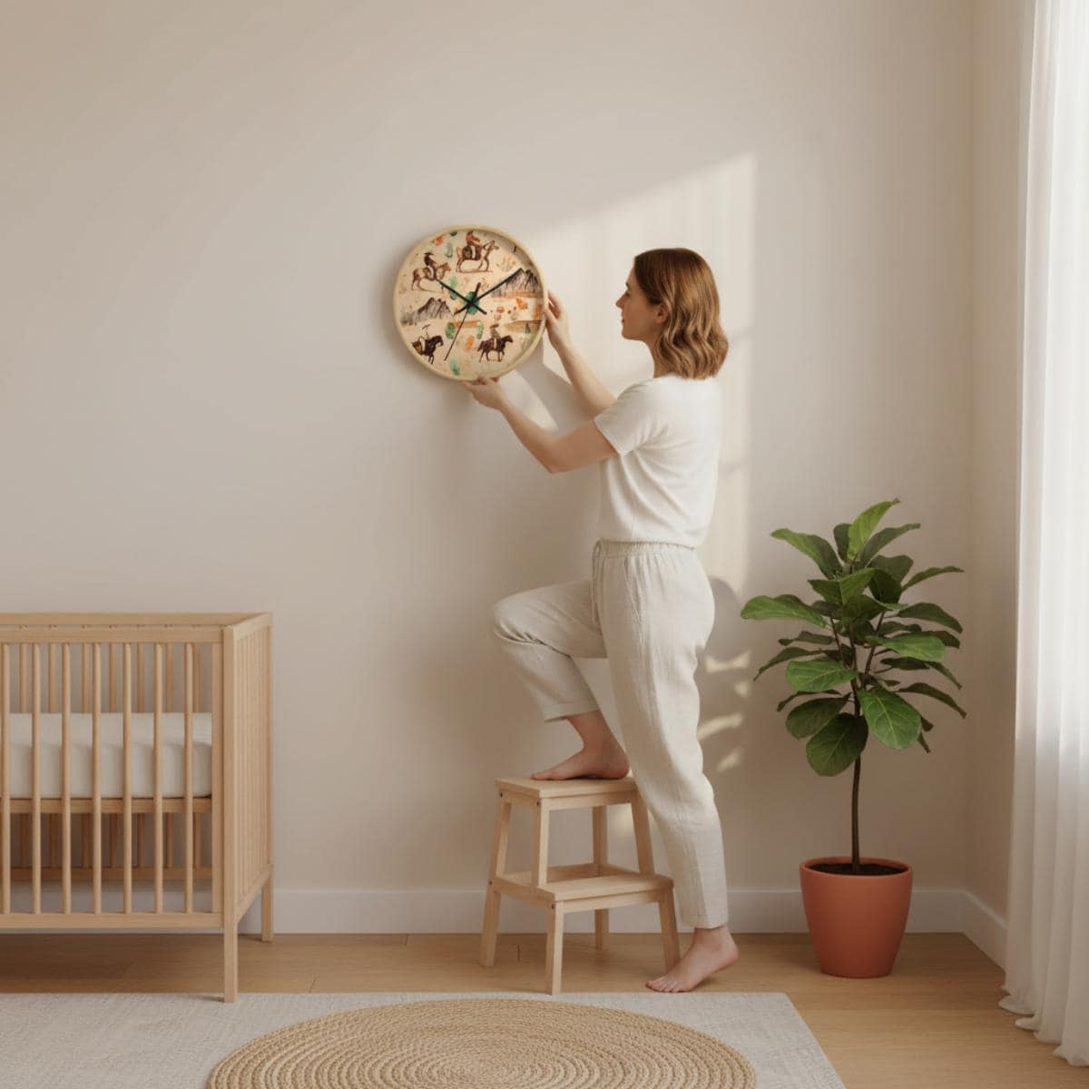 Western Nursery Wall Clock Cowboy Baby Room Decor Horse Theme Infant Bedroom Neutral Horse Wall Accent Silent Mechanism Playroom Idea