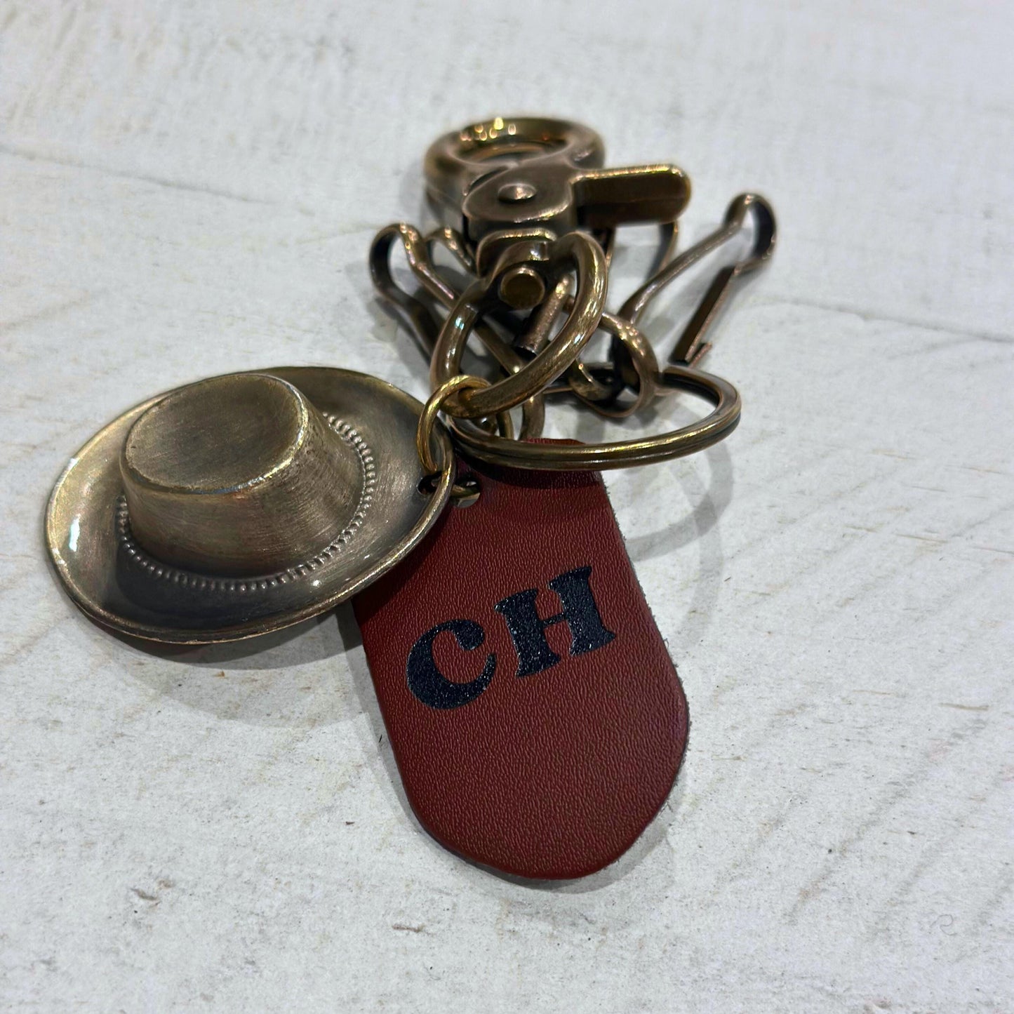 Brass Cowboy Hat Charm Vegan Leather Keychain Add Engraved Initials Western Themed Gift for College Student Personalize Graduation Idea