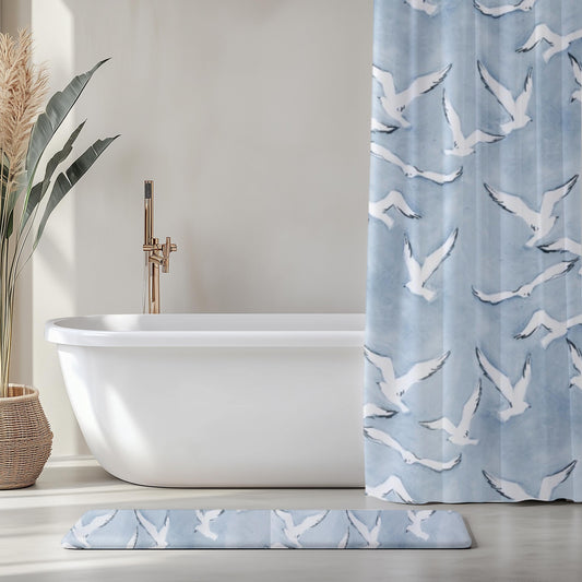 Dusty Blue and White Bird Design Shower Curtain Seagull Theme Guest Bathroom Idea for Lake House Coastal Home Decor Pastel Color