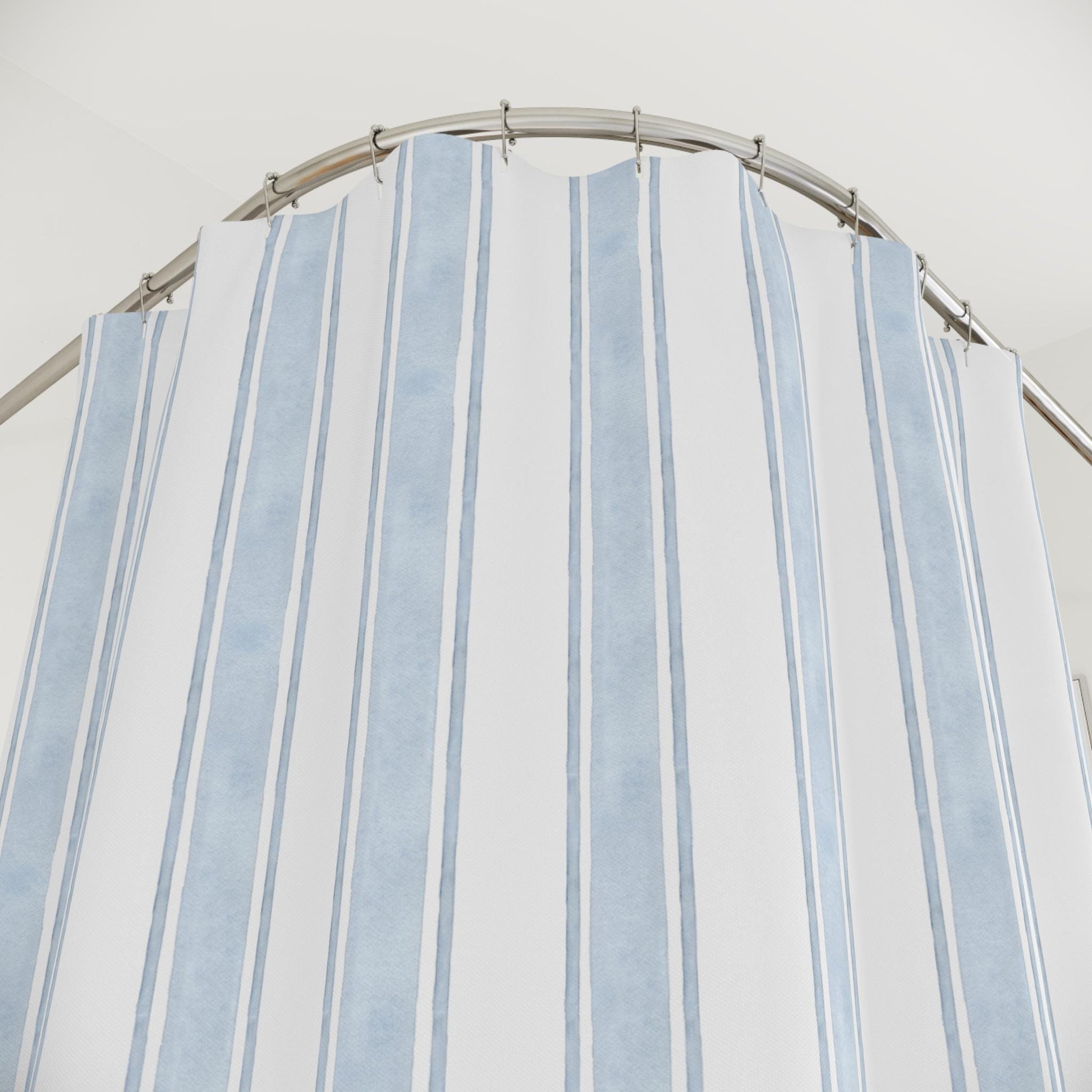 Nautical Ocean Theme Nursery Bath Coastal Shower Curtain Decor Beach House Bath Curtain Stripe Print Blue Minimalist Design Idea for Guest