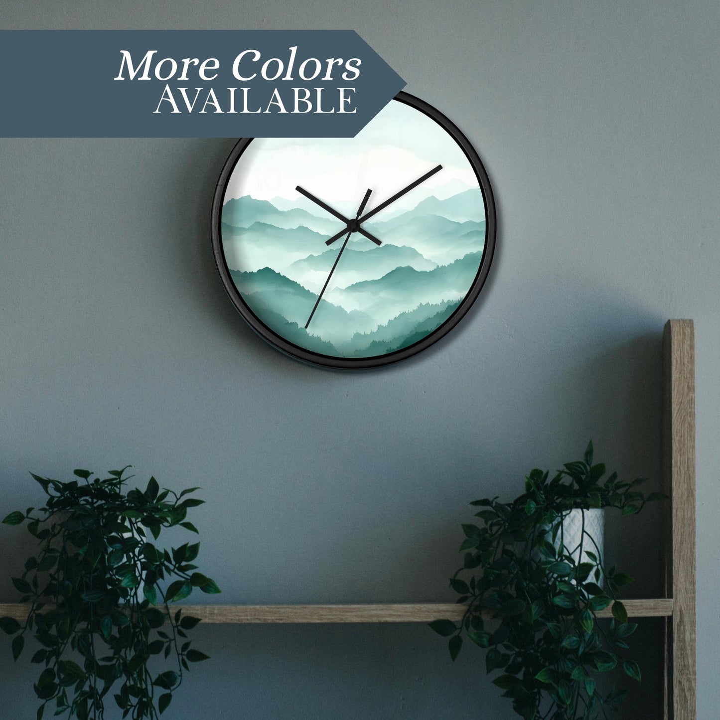 Minimalist Wood Clock Mountain Scene Design Contemporary Home Decor Nature Inspired Wall Art Modern Timepiece Living Room Bedroom Accent Piece Teal White Gradient Natural Wood Frame Metal Mechanism Square Shape Premium Quality Construction