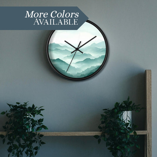 Minimalist Wood Clock Mountain Scene Design Contemporary Home Decor Nature Inspired Wall Art Modern Timepiece Living Room Bedroom Accent Piece Teal White Gradient Natural Wood Frame Metal Mechanism Square Shape Premium Quality Construction
