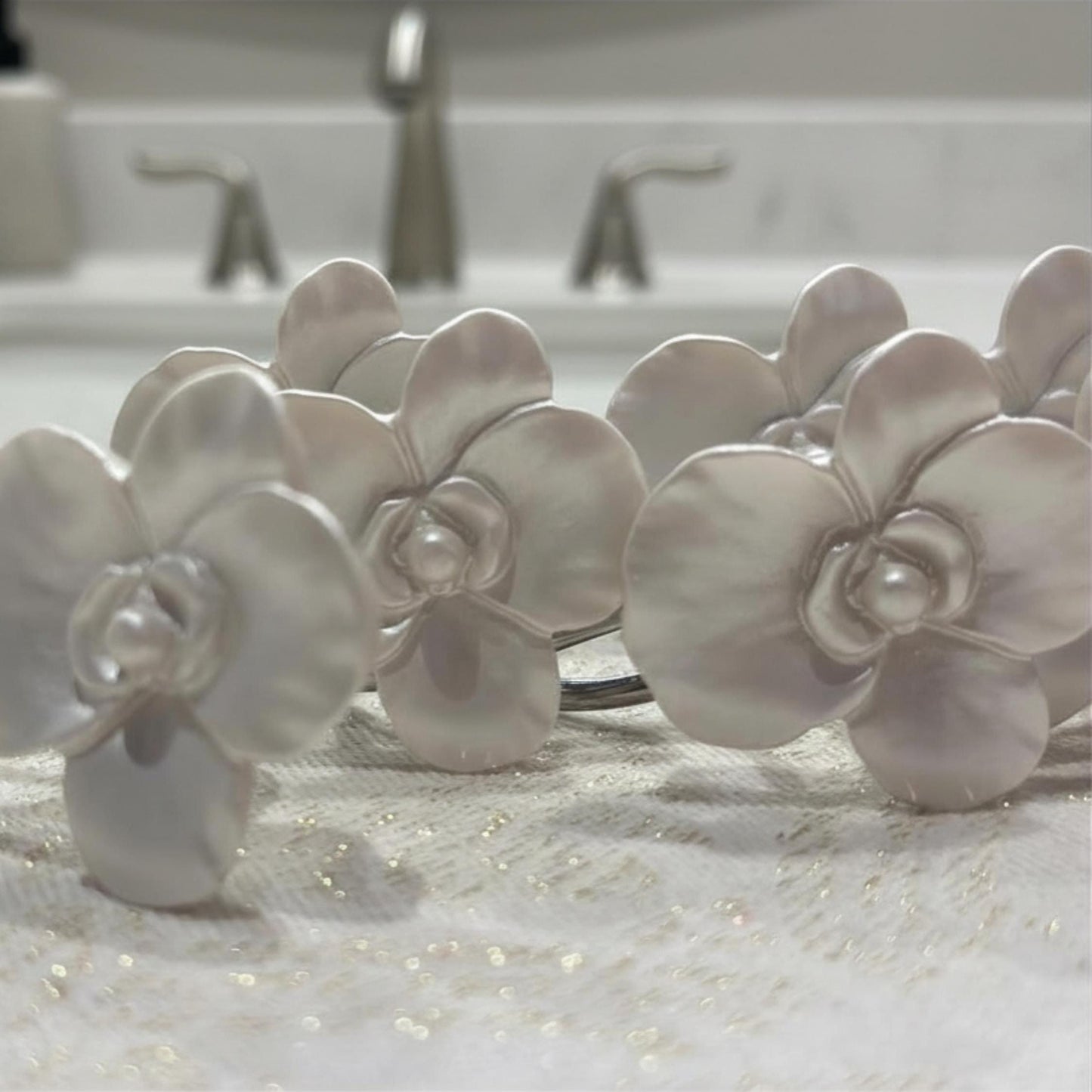 White Floral Curtain Hooks for Teen Bathroom