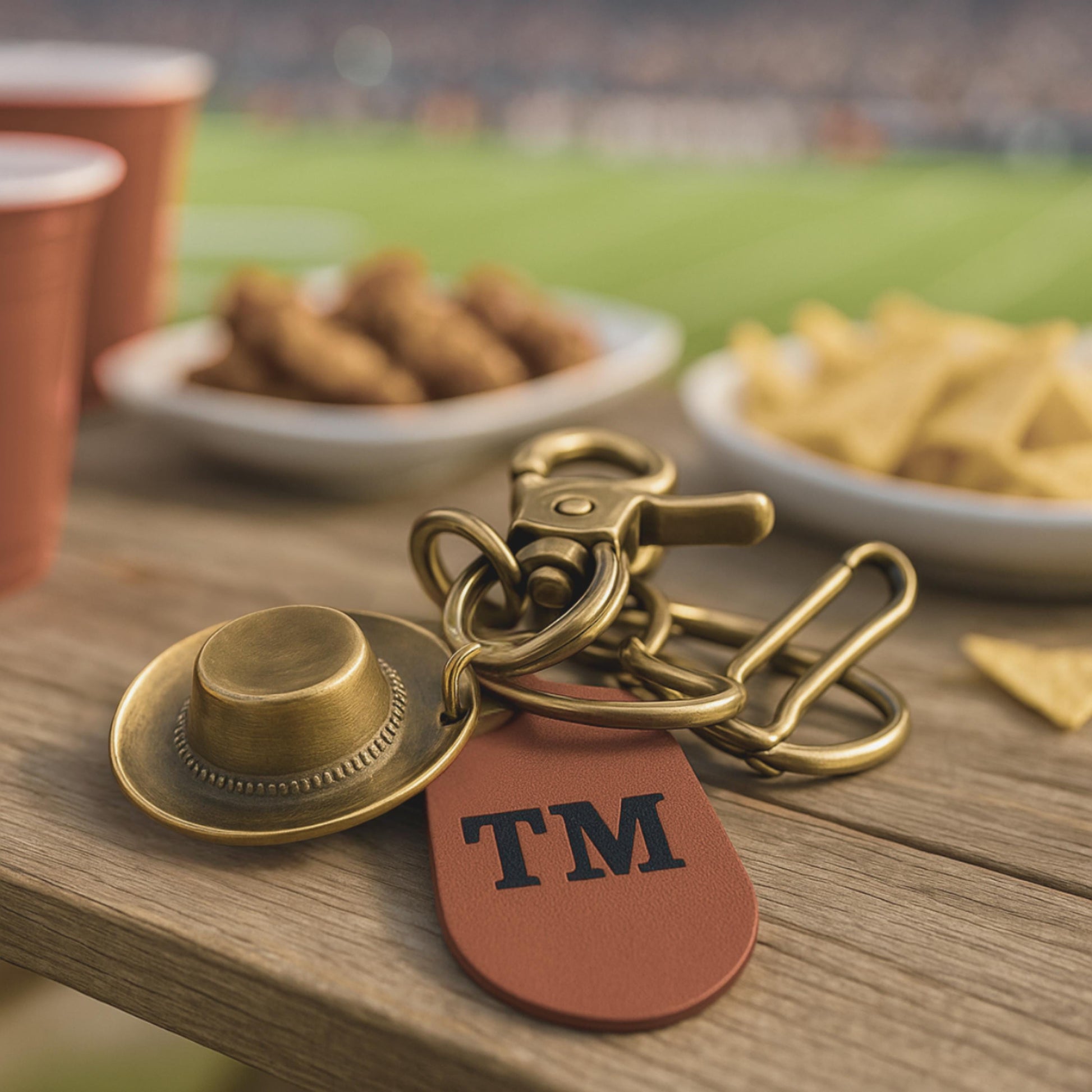 Brass Cowboy Hat Charm Vegan Leather Keychain Add Engraved Initials Western Themed Gift for College Student Personalize Graduation Idea