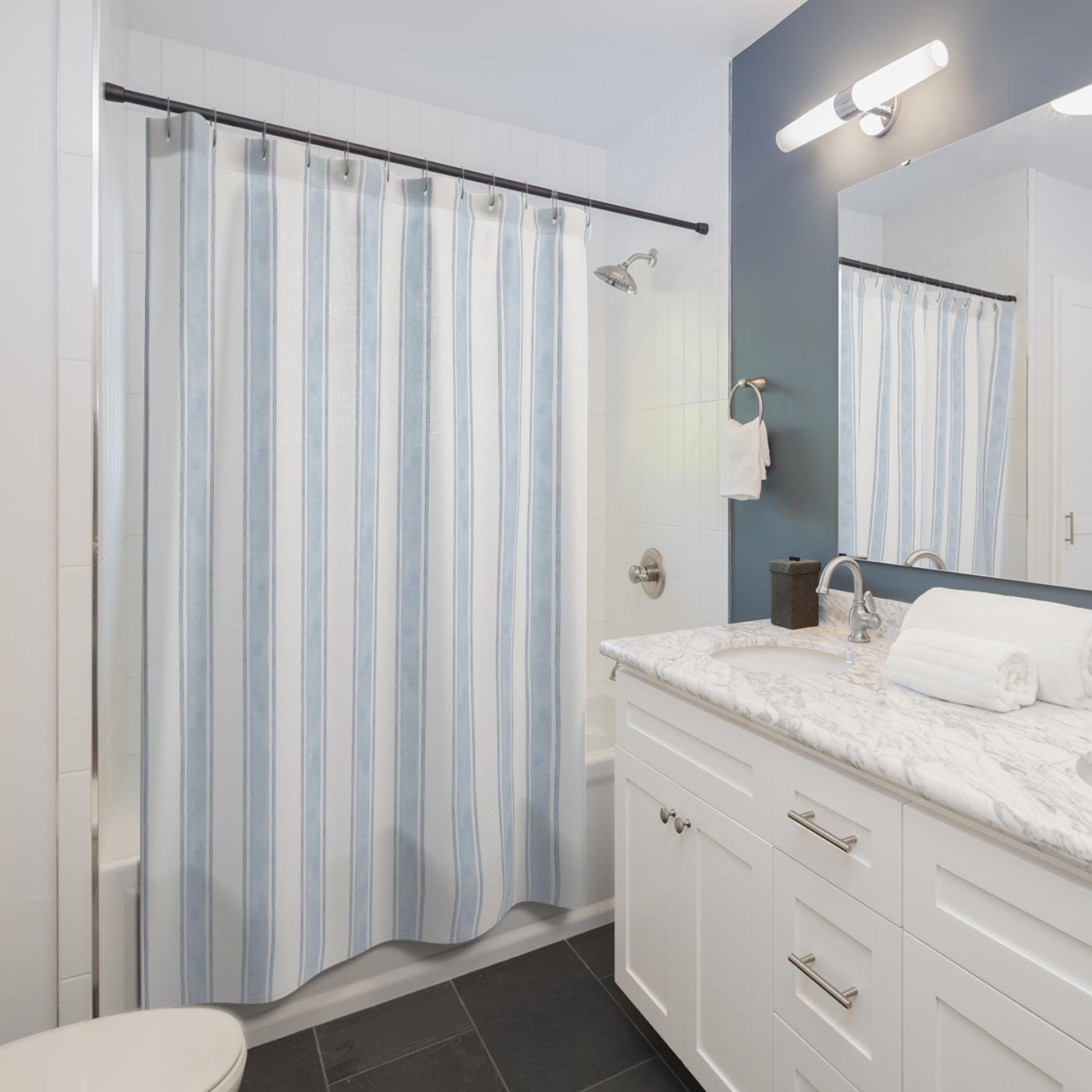 Nautical Ocean Theme Nursery Bath Coastal Shower Curtain Decor Beach House Bath Curtain Stripe Print Blue Minimalist Design Idea for Guest