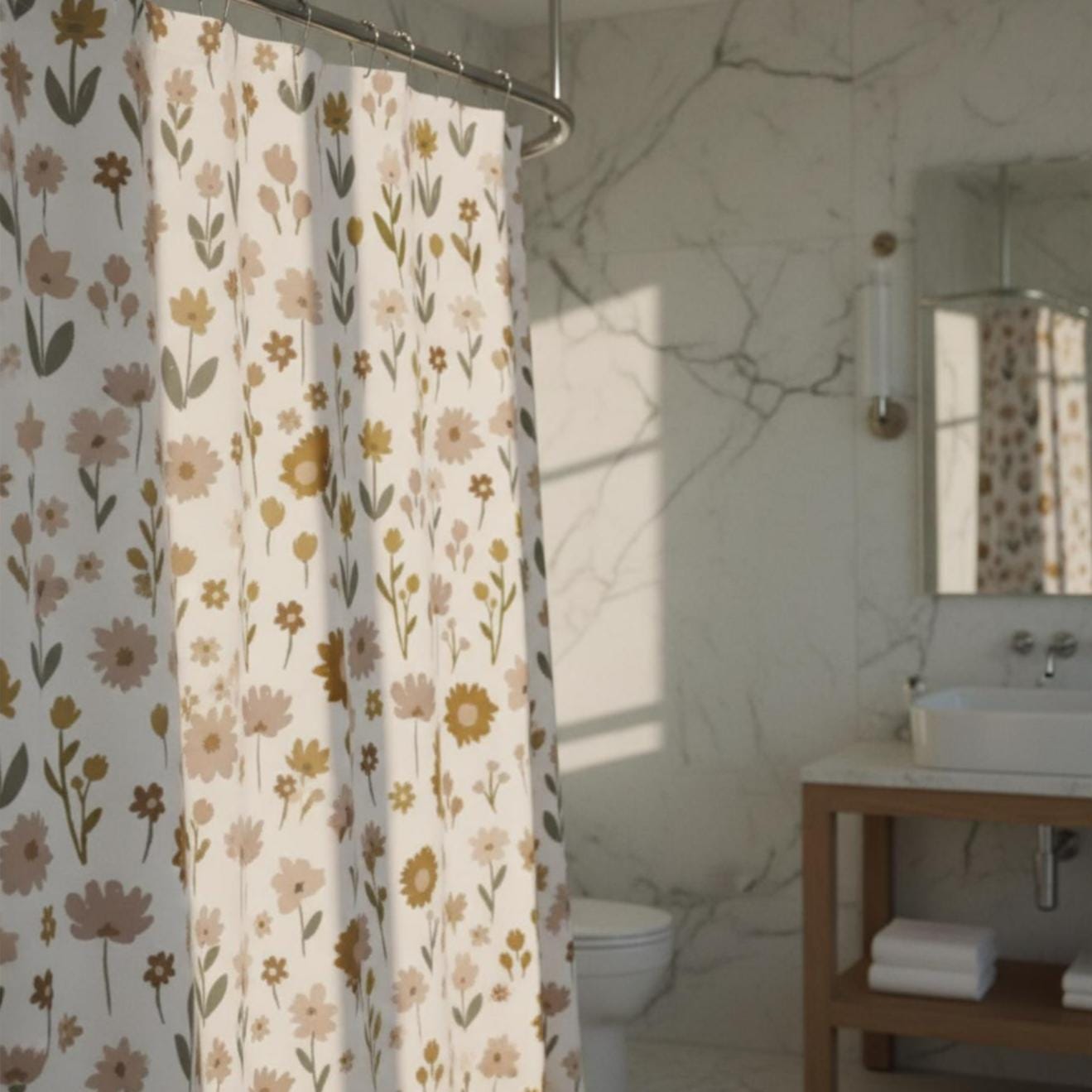 Boho Wildflower Shower Curtain Farmhouse Beige Curtain Housewarming Gift for New Home Owner Boho Floral Shower Cover Minimalist Guest Bath