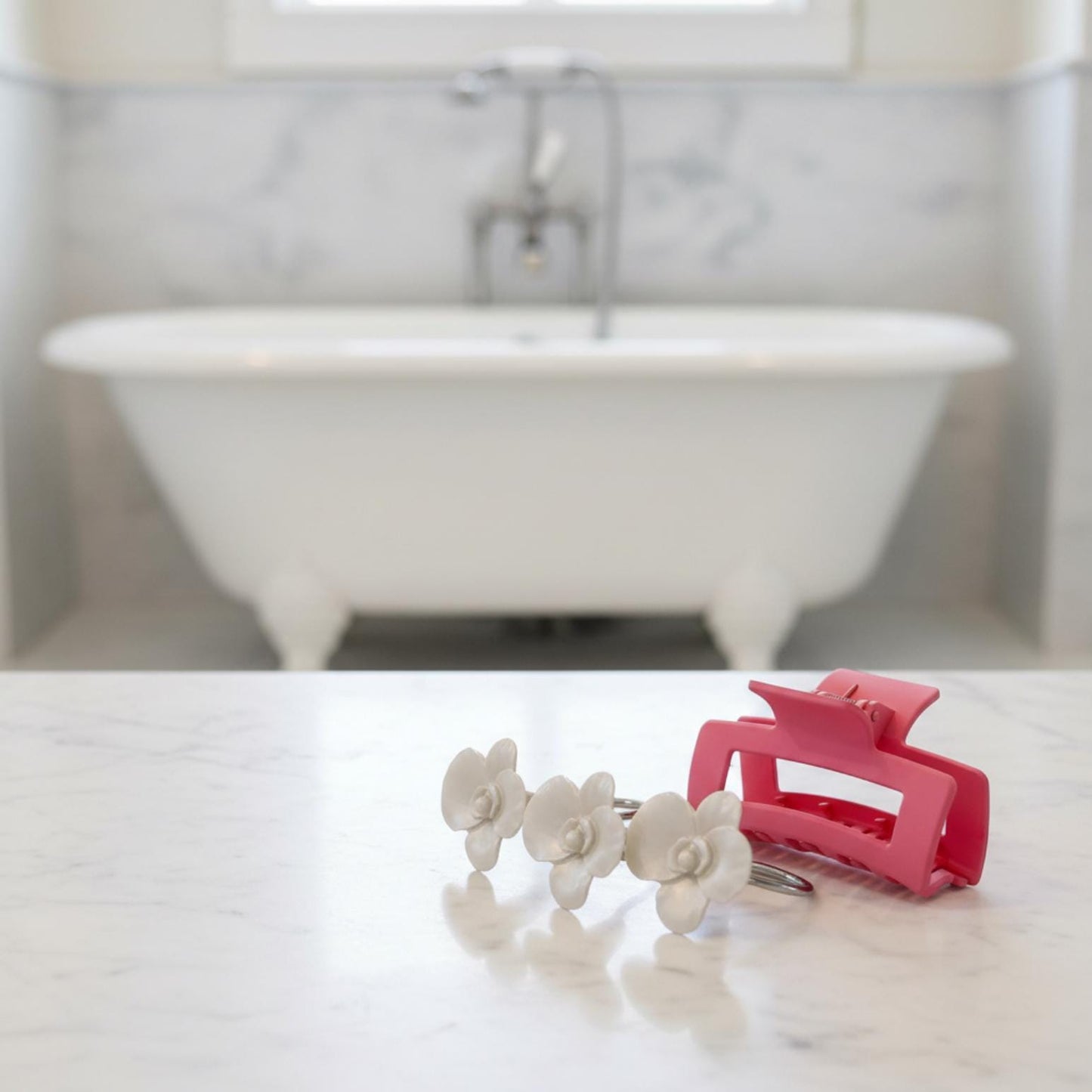 White Floral Curtain Hooks for Teen Bathroom